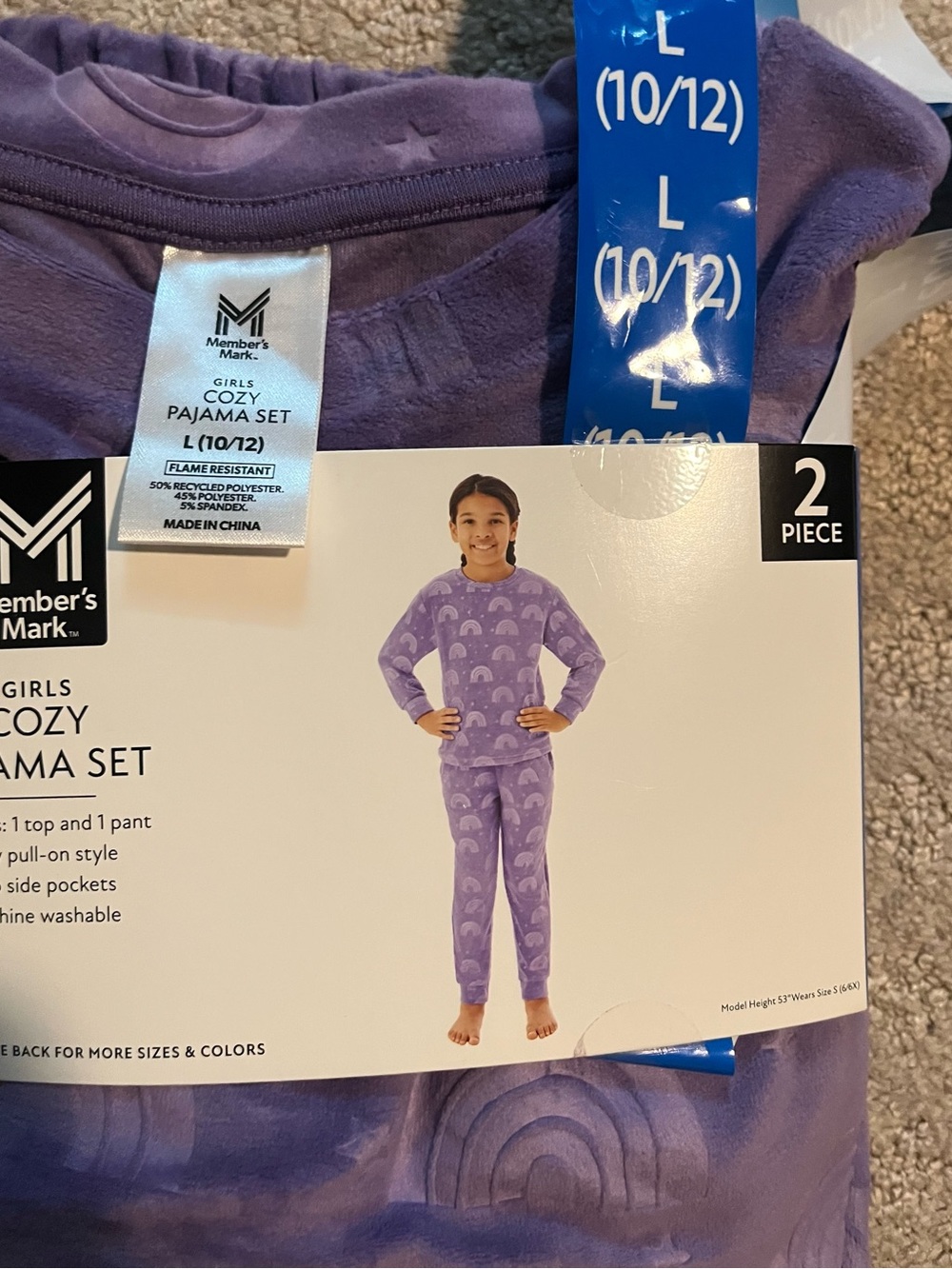 Member's Mark Girls' Cozy Purple Rainbow Pajama Set - L (10/12)